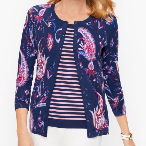 Talbots Charming Collection Blue & Pink Winding Paisley Cardigan Sweater Sz S - Picture 13 of 13